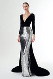 Sequin Mermaid Velvet Black and Silver Formal Dress with Long Sleeves