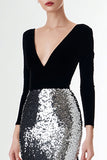 Sequin Mermaid Velvet Black and Silver Formal Dress with Long Sleeves
