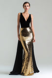 Sparkly Gold and Black Mermaid V-Neck Gala Dress with Sash