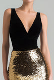 Sparkly Gold and Black Mermaid V-Neck Gala Dress with Sash
