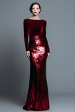 Navy Velvet Long Sleeve Bateau Neck Formal Dress With Sequins