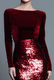 Navy Velvet Long Sleeve Bateau Neck Formal Dress With Sequins