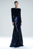 Navy Velvet Long Sleeve Bateau Neck Formal Dress With Sequins