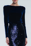 Navy Velvet Long Sleeve Bateau Neck Formal Dress With Sequins