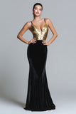 Mermaid Velvet Gold and Black Long Formal Dress With Sequins