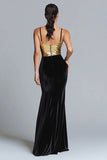 Mermaid Velvet Gold and Black Long Formal Dress With Sequins