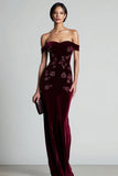 Burgundy Off The Shoulder Velvet Formal Dress with Beading