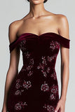 Burgundy Off The Shoulder Velvet Formal Dress with Beading