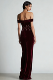 Burgundy Off The Shoulder Velvet Formal Dress with Beading