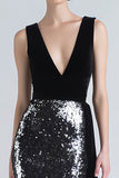 Sparkly Mermaid Black and Silver Velvet Formal Dress With Sash