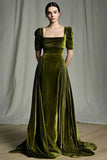 Velvet A-Line Olive Ruched Maxi Holiday Dress