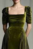 Velvet A-Line Olive Ruched Maxi Holiday Dress
