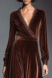 Coffee Velvet A-Line Long Sleeve Formal Dress with Lace