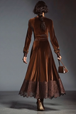 Coffee Velvet A-Line Long Sleeve Formal Dress with Lace