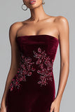 Burgundy Strapless Velvet Sheath Long Formal Dress