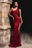 Sparkly Red Mermaid One Shoulder Maxi Evening Dress With Slit