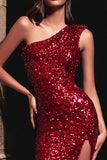 Sparkly Red Mermaid One Shoulder Maxi Evening Dress With Slit