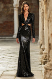 Black Mermaid Cut Out Sequined Maxi Evening Dress With Long Sleeves