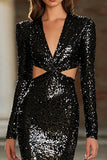 Black Mermaid Cut Out Sequined Maxi Evening Dress With Long Sleeves