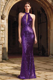 Sparkly Purple Halter Keyhole Mermaid Maxi Evening Dress