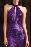 Sparkly Purple Halter Keyhole Mermaid Maxi Evening Dress