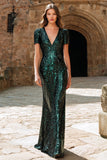Dark Green V-Neck Sequined Evening Dress with Short Sleeves