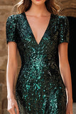 Dark Green V-Neck Sequined Evening Dress with Short Sleeves