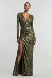 Sparkly Sheath Olive Long Sleeve Evening Dress With Slit