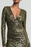 Sparkly Sheath Olive Long Sleeve Evening Dress With Slit