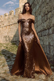 Brown Off The Shoulder Sheath Maxi Evening Dress With Sequins