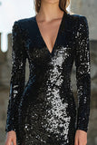 Sparkly Black Mermaid Long Sleeve Maxi Evening Dress With Slit