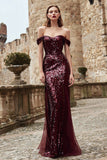 Off The Shoulder Sequined Burgundy Mermaid Maxi Evening Dress
