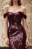 Off The Shoulder Sequined Burgundy Mermaid Maxi Evening Dress
