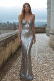 Sparkly Silver Spaghetti Straps Mermaid Maxi Evening Dress