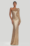 Sequin Gold One Shoulder Sheath Maxi Evening Dress