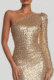 Sequin Gold One Shoulder Sheath Maxi Evening Dress