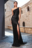 One Shoulder Black Sequined Sheath Maxi Evening Dress With Slit