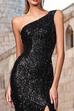 One Shoulder Black Sequined Sheath Maxi Evening Dress With Slit