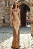 Gold Halter Sequined Sheath Maxi Gala Dress