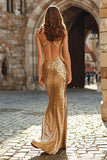 Gold Halter Sequined Sheath Maxi Gala Dress