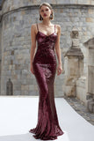Sparkly Burgundy Mermaid Spaghetti Straps Maxi Evening Dress