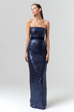 Navy Strapless Sheath Maxi Evening Dress With Sequins