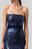 Navy Strapless Sheath Maxi Evening Dress With Sequins