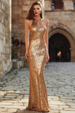 Gold Sequin Sheath Halter Keyhole Maxi Evening Dress
