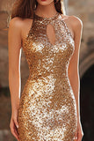 Gold Sequin Sheath Halter Keyhole Maxi Evening Dress
