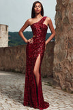 Sparkly Red One Shoulder Sheath Maxi Evening Dress With Slit