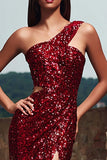 Sparkly Red One Shoulder Sheath Maxi Evening Dress With Slit