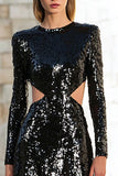 Sparkly Black A-Line Cut Out Long Sleeve Maxi Evening Dress