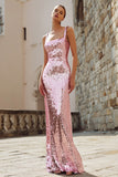Pink Sequined Sheath Maxi Evening Dress