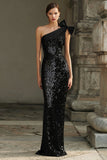 Sparkly Black One Shoulder Sheath Maxi Evening Dress With Bow